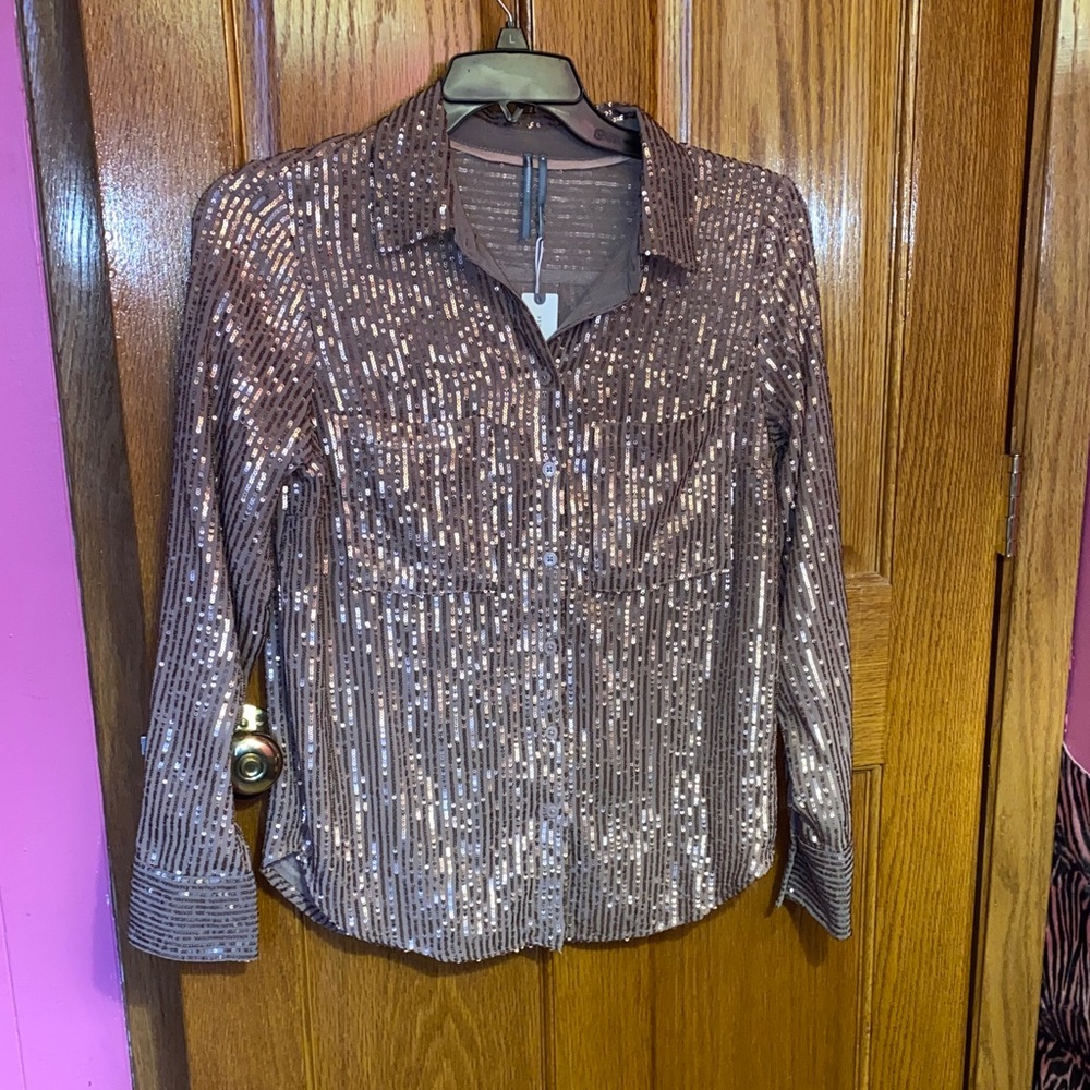 Anthropologie Bronze Sequin Button Down Shirt